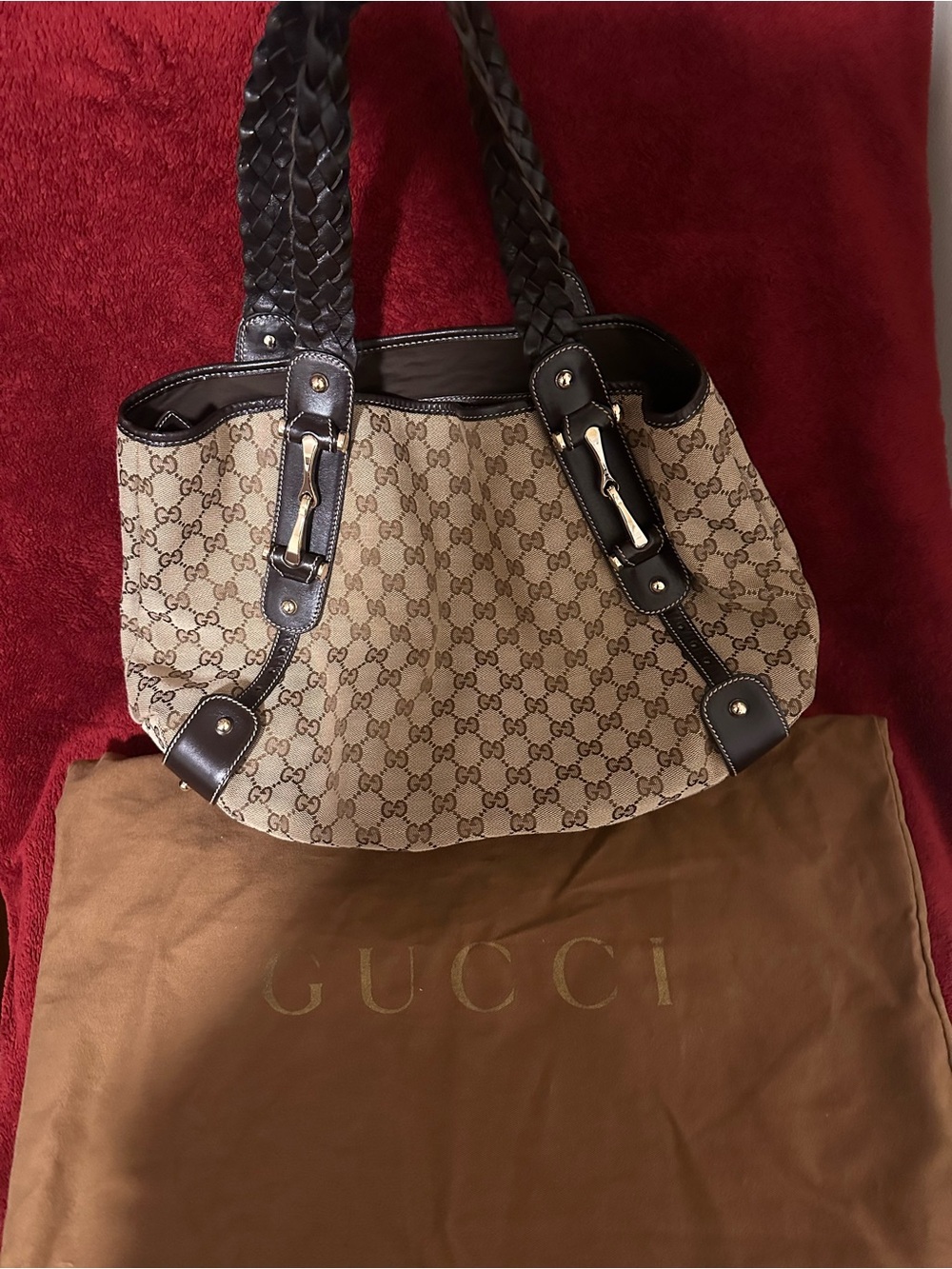 Gucci Beige GG Canvas Shoulder Bag with Dark Brown Trim
